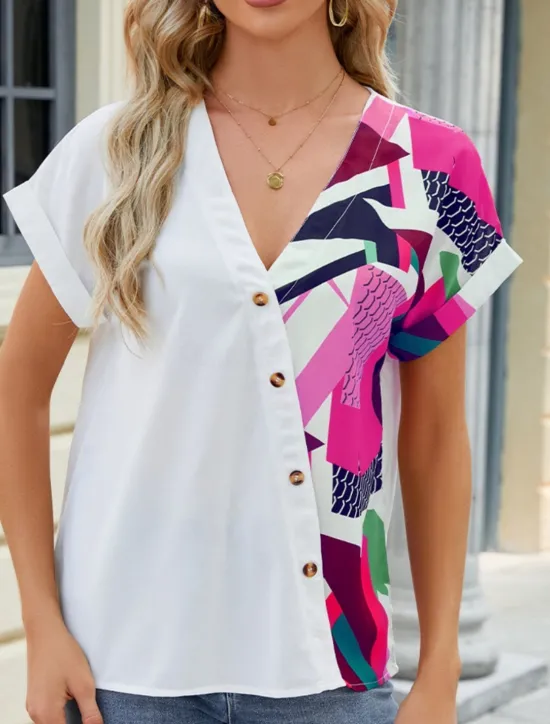 Discount Women's Shirt Blouse Color Block Casual Short Sleeve V Neck Regular Tops Daily Patchwork Buttons Print Blue Fuchsia Green Summer Women Blouses & Shirts