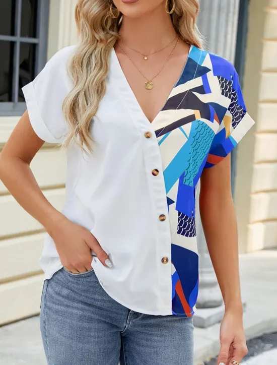 Discount Women's Shirt Blouse Color Block Casual Short Sleeve V Neck Regular Tops Daily Patchwork Buttons Print Blue Fuchsia Green Summer Women Blouses & Shirts