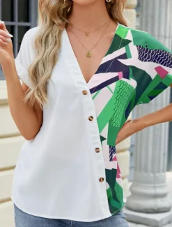 Discount Women's Shirt Blouse Color Block Casual Short Sleeve V Neck Regular Tops Daily Patchwork Buttons Print Blue Fuchsia Green Summer Women Blouses & Shirts