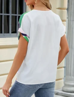 Discount Women's Shirt Blouse Color Block Casual Short Sleeve V Neck Regular Tops Daily Patchwork Buttons Print Blue Fuchsia Green Summer Women Blouses & Shirts