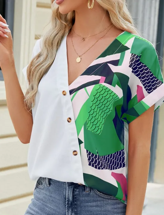 Discount Women's Shirt Blouse Color Block Casual Short Sleeve V Neck Regular Tops Daily Patchwork Buttons Print Blue Fuchsia Green Summer Women Blouses & Shirts