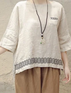 Clearance Women's Shirt Blouse Cotton Linen Shirts Geometric Basic Casual 3/4 Length Sleeve Crew Neck Regular Tops Daily Patchwork White Brown Green Summer Spring Women Shirts