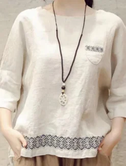 Clearance Women's Shirt Blouse Cotton Linen Shirts Geometric Basic Casual 3/4 Length Sleeve Crew Neck Regular Tops Daily Patchwork White Brown Green Summer Spring Women Shirts