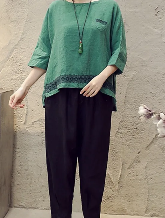 Clearance Women's Shirt Blouse Cotton Linen Shirts Geometric Basic Casual 3/4 Length Sleeve Crew Neck Regular Tops Daily Patchwork White Brown Green Summer Spring Women Shirts