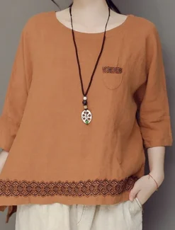 Clearance Women's Shirt Blouse Cotton Linen Shirts Geometric Basic Casual 3/4 Length Sleeve Crew Neck Regular Tops Daily Patchwork White Brown Green Summer Spring Women Shirts