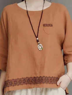 Clearance Women's Shirt Blouse Cotton Linen Shirts Geometric Basic Casual 3/4 Length Sleeve Crew Neck Regular Tops Daily Patchwork White Brown Green Summer Spring Women Shirts
