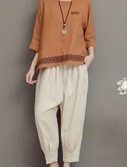 Clearance Women's Shirt Blouse Cotton Linen Shirts Geometric Basic Casual 3/4 Length Sleeve Crew Neck Regular Tops Daily Patchwork White Brown Green Summer Spring Women Shirts