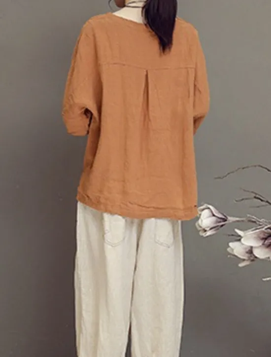 Clearance Women's Shirt Blouse Cotton Linen Shirts Geometric Basic Casual 3/4 Length Sleeve Crew Neck Regular Tops Daily Patchwork White Brown Green Summer Spring Women Shirts
