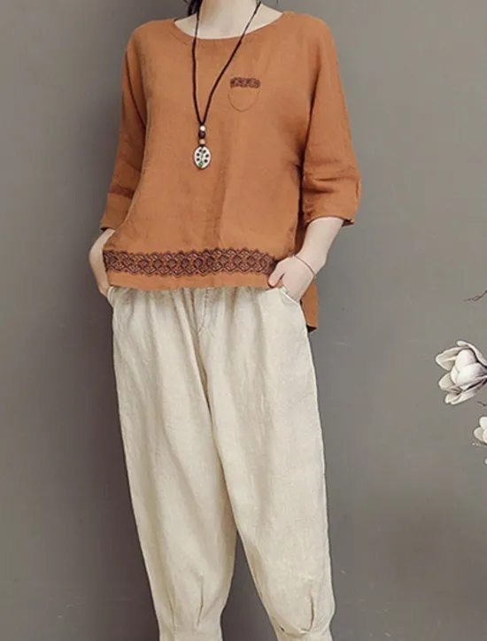 Clearance Women's Shirt Blouse Cotton Linen Shirts Geometric Basic Casual 3/4 Length Sleeve Crew Neck Regular Tops Daily Patchwork White Brown Green Summer Spring Women Shirts
