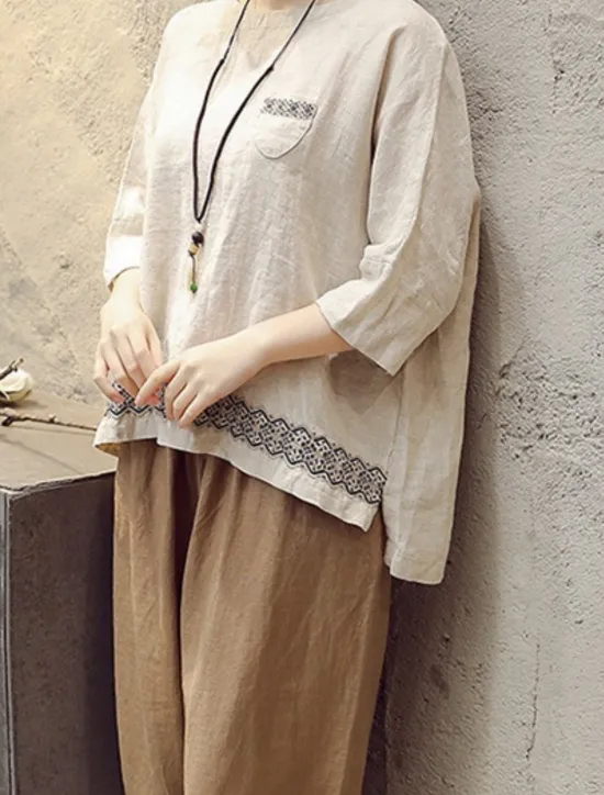 Clearance Women's Shirt Blouse Cotton Linen Shirts Geometric Basic Casual 3/4 Length Sleeve Crew Neck Regular Tops Daily Patchwork White Brown Green Summer Spring Women Shirts