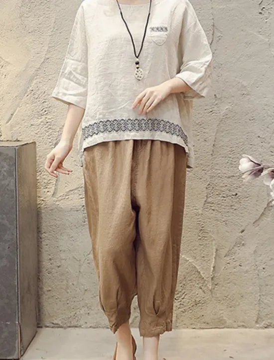 Clearance Women's Shirt Blouse Cotton Linen Shirts Geometric Basic Casual 3/4 Length Sleeve Crew Neck Regular Tops Daily Patchwork White Brown Green Summer Spring Women Shirts