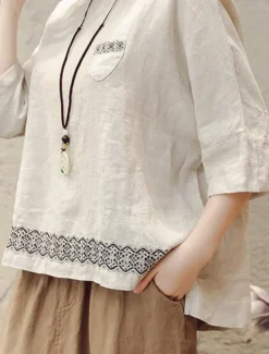 Clearance Women's Shirt Blouse Cotton Linen Shirts Geometric Basic Casual 3/4 Length Sleeve Crew Neck Regular Tops Daily Patchwork White Brown Green Summer Spring Women Shirts