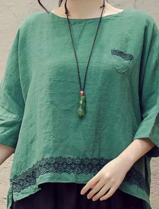 Clearance Women's Shirt Blouse Cotton Linen Shirts Geometric Basic Casual 3/4 Length Sleeve Crew Neck Regular Tops Daily Patchwork White Brown Green Summer Spring Women Shirts