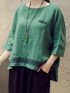 Clearance Women's Shirt Blouse Cotton Linen Shirts Geometric Basic Casual 3/4 Length Sleeve Crew Neck Regular Tops Daily Patchwork White Brown Green Summer Spring Women Shirts