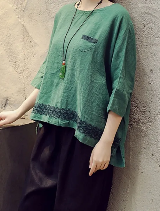 Clearance Women's Shirt Blouse Cotton Linen Shirts Geometric Basic Casual 3/4 Length Sleeve Crew Neck Regular Tops Daily Patchwork White Brown Green Summer Spring Women Shirts