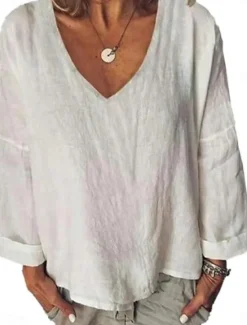 Best Women's Shirt Blouse Cotton Linen Shirts Solid Color Basic Casual Long Sleeve V Neck Regular Tops Daily White Yellow Summer Spring Women Shirts