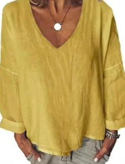 Best Women's Shirt Blouse Cotton Linen Shirts Solid Color Basic Casual Long Sleeve V Neck Regular Tops Daily White Yellow Summer Spring Women Shirts