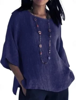 Online Women's Shirt Blouse Cotton Linen Shirts Solid Color Stylish Casual 3/4 Length Sleeve Crew Neck Regular Tops Daily Yellow Pink Gray Summer Spring Women Blouses & Shirts|Shirts