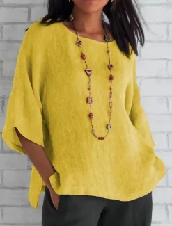 Online Women's Shirt Blouse Cotton Linen Shirts Solid Color Stylish Casual 3/4 Length Sleeve Crew Neck Regular Tops Daily Yellow Pink Gray Summer Spring Women Blouses & Shirts|Shirts
