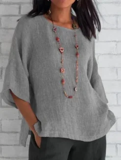 Online Women's Shirt Blouse Cotton Linen Shirts Solid Color Stylish Casual 3/4 Length Sleeve Crew Neck Regular Tops Daily Yellow Pink Gray Summer Spring Women Blouses & Shirts|Shirts