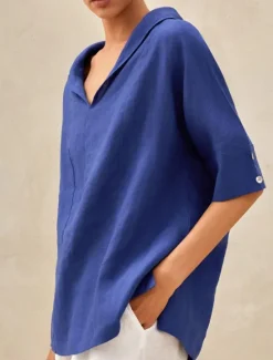 New Women's Shirt Blouse Cotton Linen Shirts Solid Color Basic Casual 3/4 Length Sleeve Hooded Regular Tops Daily Buttons White Blue Summer Women Shirts