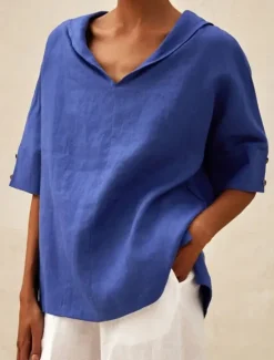 New Women's Shirt Blouse Cotton Linen Shirts Solid Color Basic Casual 3/4 Length Sleeve Hooded Regular Tops Daily Buttons White Blue Summer Women Shirts