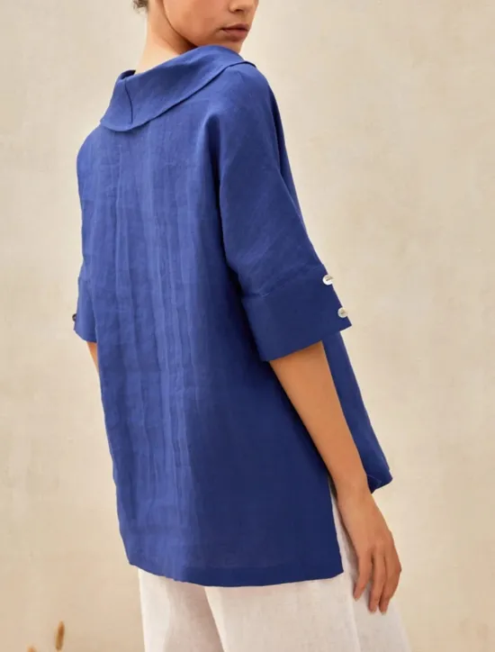 New Women's Shirt Blouse Cotton Linen Shirts Solid Color Basic Casual 3/4 Length Sleeve Hooded Regular Tops Daily Buttons White Blue Summer Women Shirts