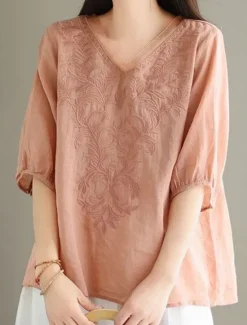 Best Women's Shirt Blouse Cotton Linen Shirts Solid Color Basic Casual 3/4 Length Sleeve V Neck Regular Tops Daily Embroidered White Yellow Pink Purple Summer Spring Women Shirts