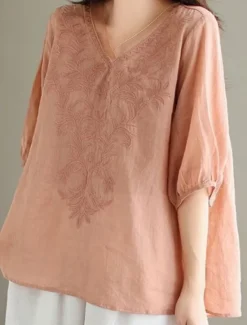 Best Women's Shirt Blouse Cotton Linen Shirts Solid Color Basic Casual 3/4 Length Sleeve V Neck Regular Tops Daily Embroidered White Yellow Pink Purple Summer Spring Women Shirts