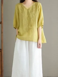 Best Women's Shirt Blouse Cotton Linen Shirts Solid Color Basic Casual 3/4 Length Sleeve V Neck Regular Tops Daily Embroidered White Yellow Pink Purple Summer Spring Women Shirts