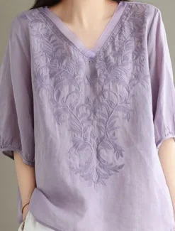 Best Women's Shirt Blouse Cotton Linen Shirts Solid Color Basic Casual 3/4 Length Sleeve V Neck Regular Tops Daily Embroidered White Yellow Pink Purple Summer Spring Women Shirts