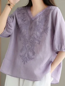 Best Women's Shirt Blouse Cotton Linen Shirts Solid Color Basic Casual 3/4 Length Sleeve V Neck Regular Tops Daily Embroidered White Yellow Pink Purple Summer Spring Women Shirts