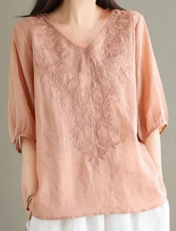 Best Women's Shirt Blouse Cotton Linen Shirts Solid Color Basic Casual 3/4 Length Sleeve V Neck Regular Tops Daily Embroidered White Yellow Pink Purple Summer Spring Women Shirts