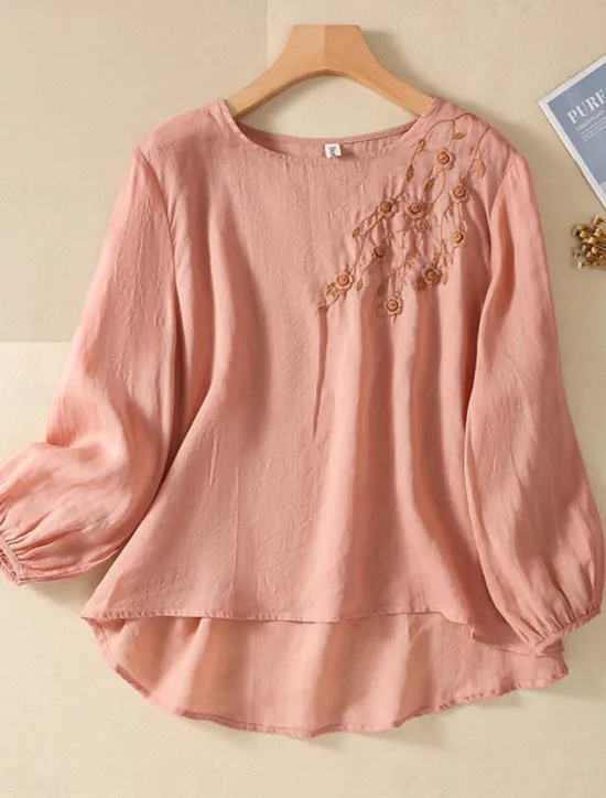 Online Women's Shirt Blouse Cotton Linen Shirts Solid Color Basic Casual Long Sleeve Crew Neck Regular Tops Daily Embroidered White Pink Fuchsia Green Summer Spring Women Shirts