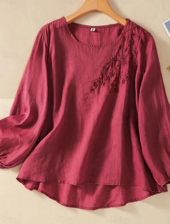 Online Women's Shirt Blouse Cotton Linen Shirts Solid Color Basic Casual Long Sleeve Crew Neck Regular Tops Daily Embroidered White Pink Fuchsia Green Summer Spring Women Shirts