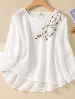 Online Women's Shirt Blouse Cotton Linen Shirts Solid Color Basic Casual Long Sleeve Crew Neck Regular Tops Daily Embroidered White Pink Fuchsia Green Summer Spring Women Shirts