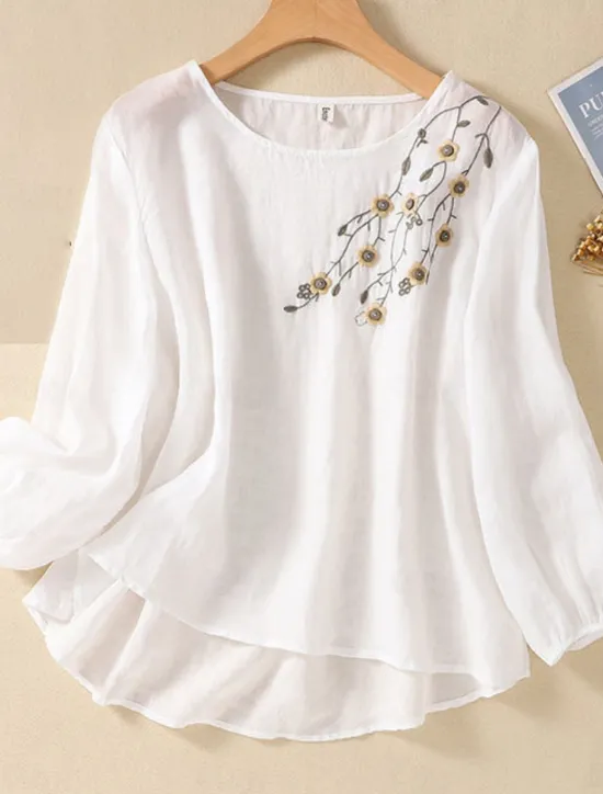 Online Women's Shirt Blouse Cotton Linen Shirts Solid Color Basic Casual Long Sleeve Crew Neck Regular Tops Daily Embroidered White Pink Fuchsia Green Summer Spring Women Shirts