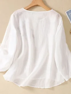 Online Women's Shirt Blouse Cotton Linen Shirts Solid Color Basic Casual Long Sleeve Crew Neck Regular Tops Daily Embroidered White Pink Fuchsia Green Summer Spring Women Shirts