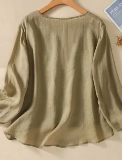 Online Women's Shirt Blouse Cotton Linen Shirts Solid Color Basic Casual Long Sleeve Crew Neck Regular Tops Daily Embroidered White Pink Fuchsia Green Summer Spring Women Shirts