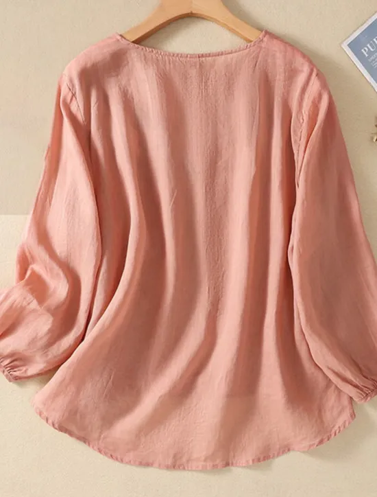 Online Women's Shirt Blouse Cotton Linen Shirts Solid Color Basic Casual Long Sleeve Crew Neck Regular Tops Daily Embroidered White Pink Fuchsia Green Summer Spring Women Shirts