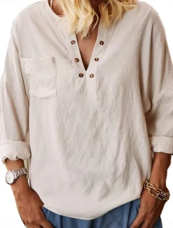 Sale Women's Shirt Blouse Cotton Linen Shirts Solid Color Elegant Stylish Casual Long Sleeve V Neck Regular Tops Daily Holiday Going out Buttons Summer Spring Fall Women Shirts