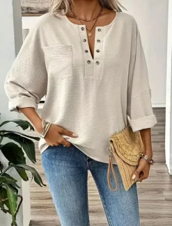Sale Women's Shirt Blouse Cotton Linen Shirts Solid Color Elegant Stylish Casual Long Sleeve V Neck Regular Tops Daily Holiday Going out Buttons Summer Spring Fall Women Shirts