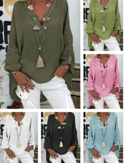 New Women's Shirt Blouse Cotton Linen Shirts Solid Basic Long Sleeve V Neck Long Tops Casual Daily Black White Pink Army Green Blue Summer Spring Women Shirts