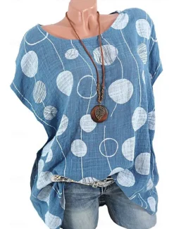 Online Women's Shirt Blouse Cotton Linen Shirts Polka Dot Casual Short Sleeve Crew Neck Regular Tops Daily Print White Summer Women Shirts