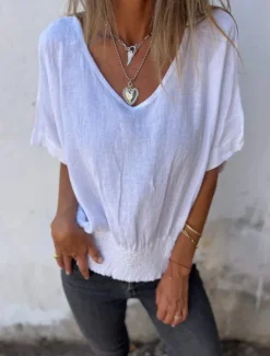 Clearance Women's Shirt Blouse Cotton Linen Shirts Solid Color Basic Casual Short Sleeve V Neck Regular Tops Daily Ruched White Brown Beige Summer Spring Women Shirts