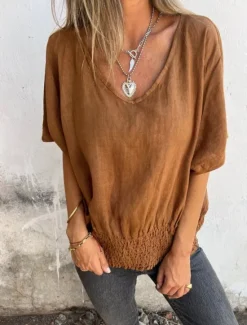 Clearance Women's Shirt Blouse Cotton Linen Shirts Solid Color Basic Casual Short Sleeve V Neck Regular Tops Daily Ruched White Brown Beige Summer Spring Women Shirts