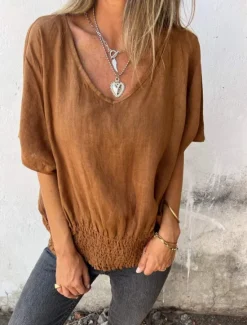 Clearance Women's Shirt Blouse Cotton Linen Shirts Solid Color Basic Casual Short Sleeve V Neck Regular Tops Daily Ruched White Brown Beige Summer Spring Women Shirts