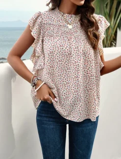 New Women's Shirt Blouse Cotton Linen Shirts Floral Stylish Casual Short Sleeve Turtleneck Regular Tops Daily Ruffle Print Black Beige Summer Women Shirts|Spring Tops