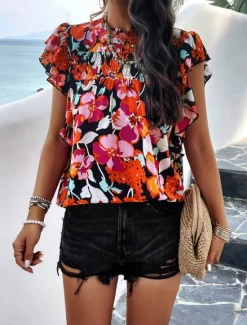 New Women's Shirt Blouse Cotton Linen Shirts Floral Stylish Casual Short Sleeve Turtleneck Regular Tops Daily Ruffle Print Black Beige Summer Women Shirts|Spring Tops
