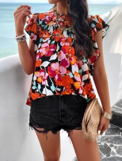 New Women's Shirt Blouse Cotton Linen Shirts Floral Stylish Casual Short Sleeve Turtleneck Regular Tops Daily Ruffle Print Black Beige Summer Women Shirts|Spring Tops